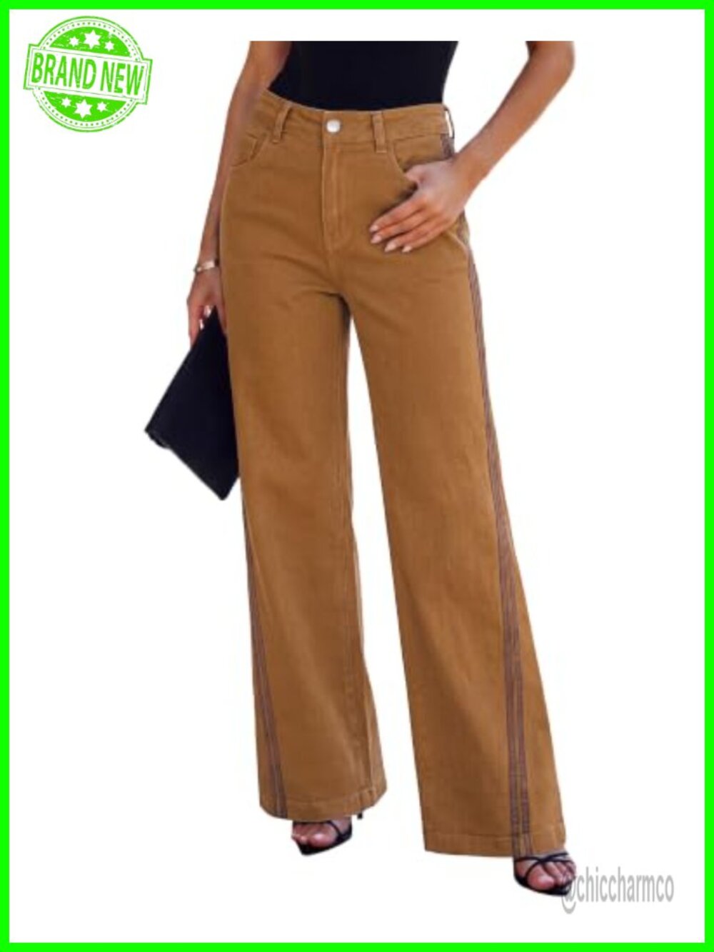Wide Leg High Rise Jeans Side Stripe Stretch Denim Pants